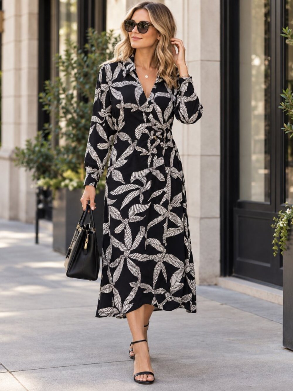 LOFT Black Ivory Leaf Midi Dress | Work Church Dinner | Size 10